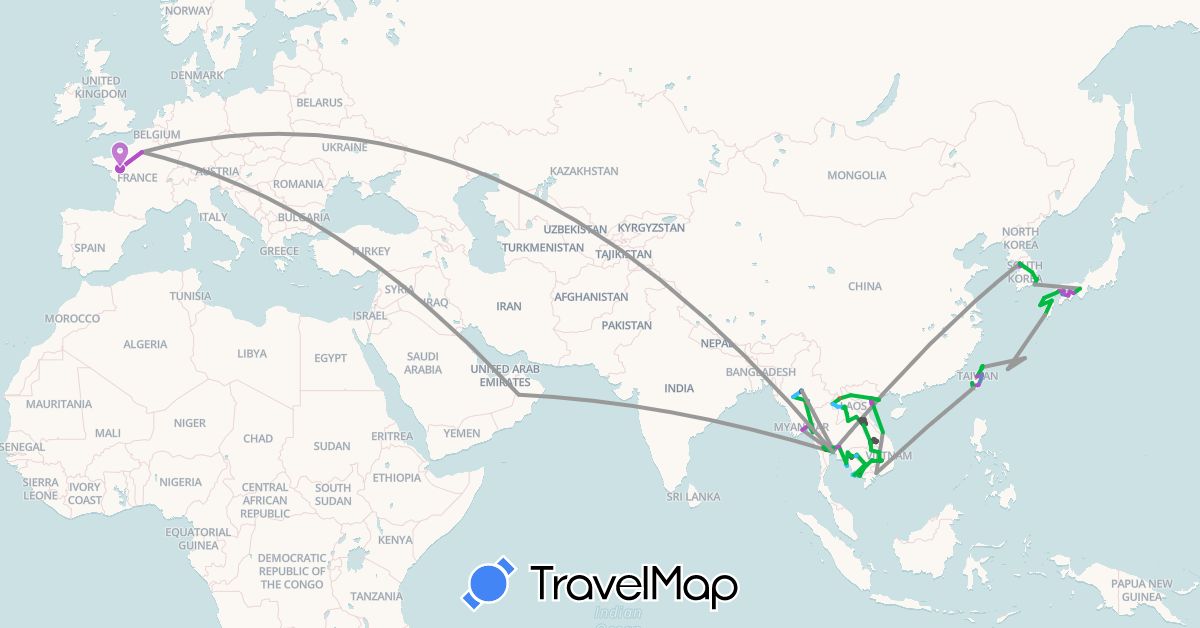 TravelMap itinerary: driving, bus, plane, cycling, train, hiking, boat, motorbike in France, Japan, Cambodia, South Korea, Laos, Myanmar (Burma), Oman, Thailand, Taiwan, Vietnam (Asia, Europe)